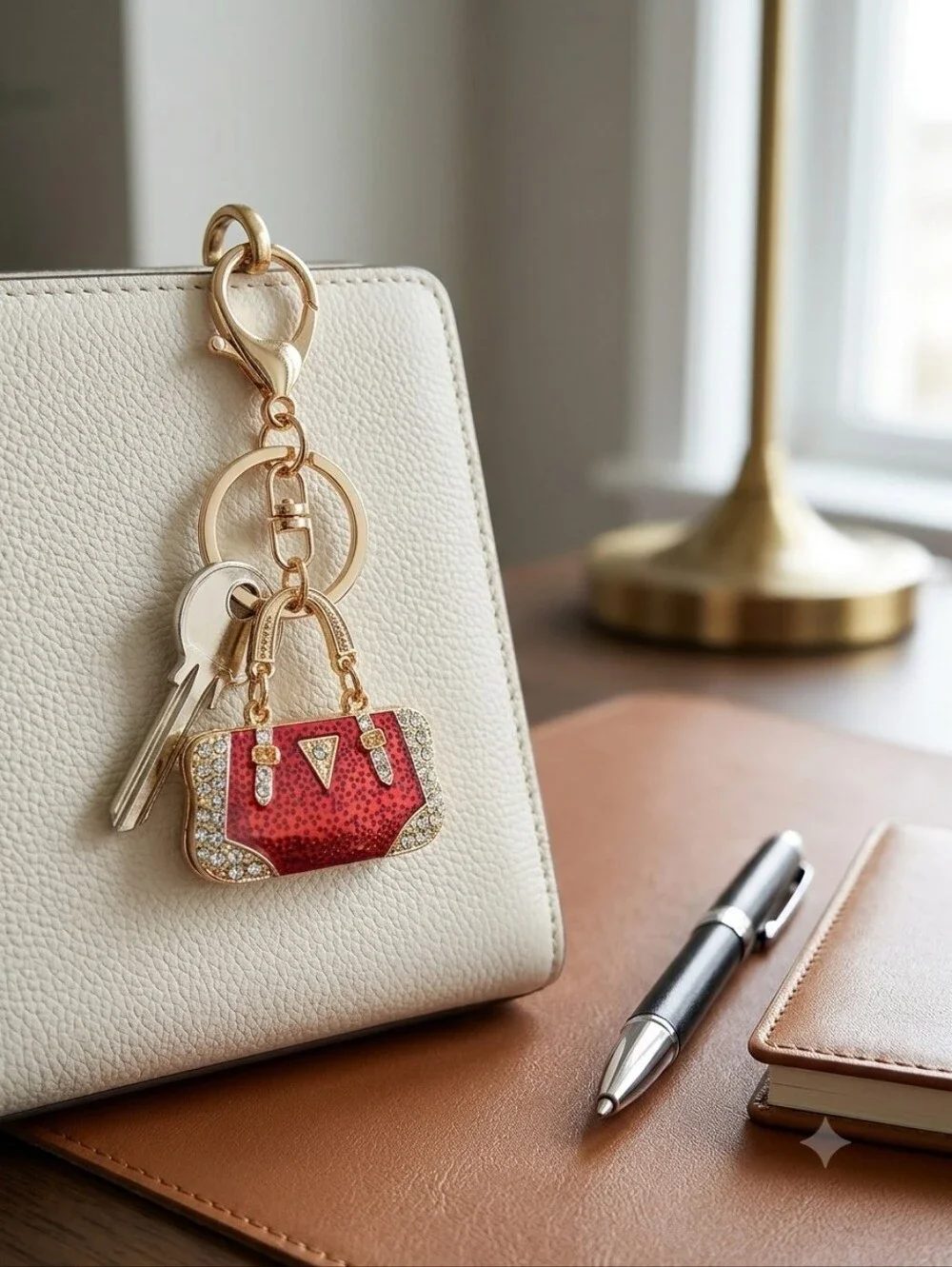 Gold-Tone Red Mini Handbag Keychain Charm